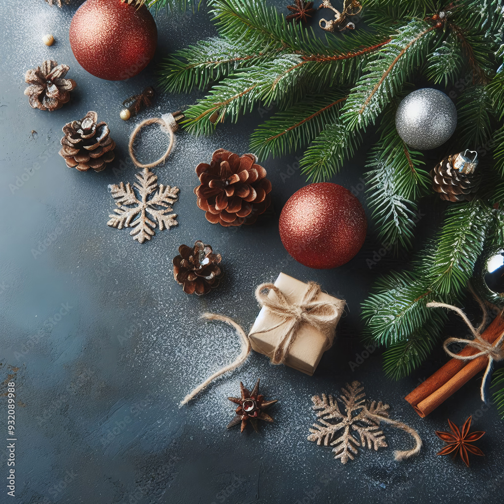 New Year background of stylish toys and spruce, pine branches, neutral background. New Year background of stylish toys and spruce, pine branches, neutral background.