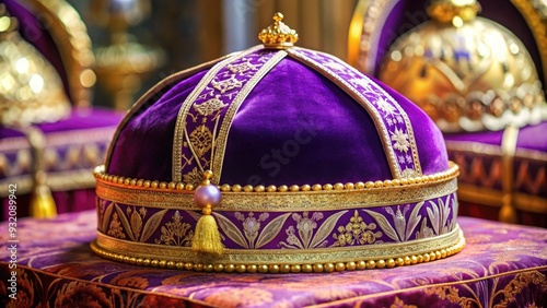 Elegant purple miter hat adorned with intricate gold trim and tassels rests on a ornate velvet cushion, symbolizing bishops' ceremonial authority and tradition. photo