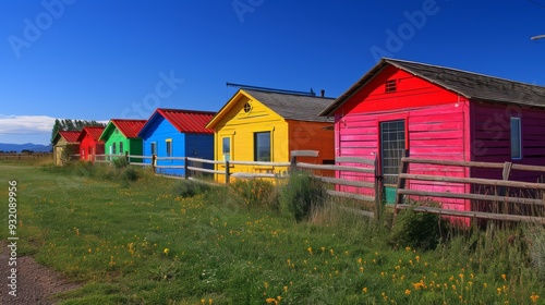 A picturesque line of colorful rural cabins with vibrant red, green, blue, and yellow hues under a clear sky.