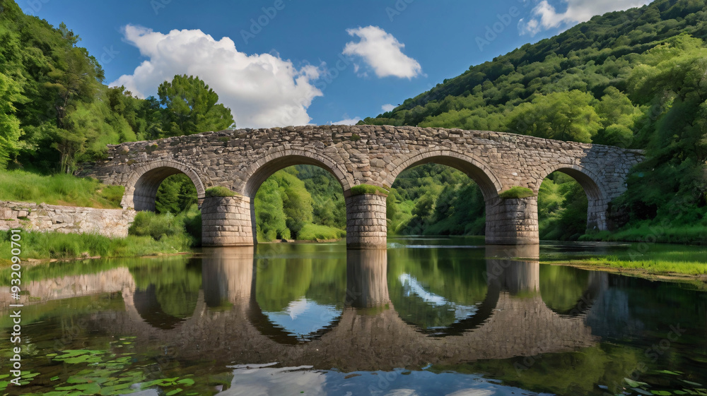 Ancient Stone Bridge with Reflective Arches Spanning a Calm River Amidst Lush Greenery and a Clear Blue Sky Ancient Stone Bridge with Reflective Arches Spanning a Calm River Amidst Lush Greenery and a Clear Blue Sky