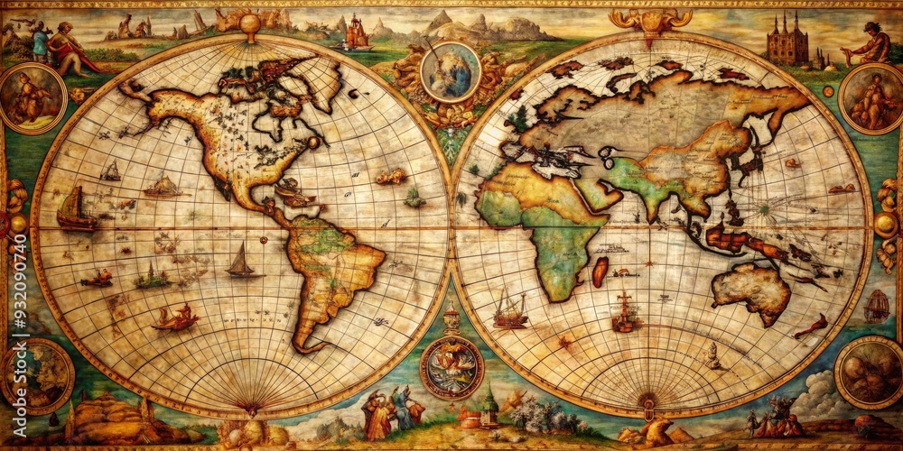 Fototapeta A Vintage World Map With Ships and Figures, Oil Painting, Antique World Map, Vintage World Map, Old World Map, Global Exploration