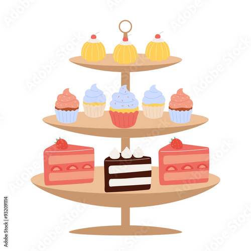 Pastries on a serving plate. Sweet desserts on a three-layer tray. Confectionery, delicacies.