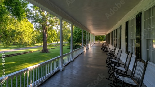 The beautifully designed front porch features wooden flooring and white railings  offering a perfect view of the street and greenery surrounding the home.