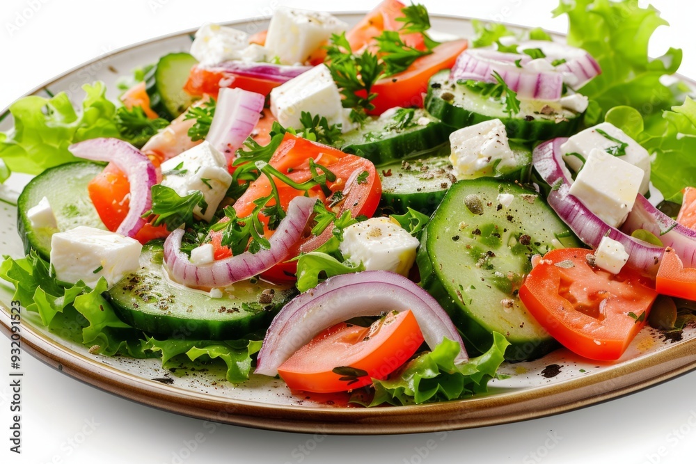 Vibrant fresh vegetable salad with feta cubes and herbs. Healthy eating concept. Close-up of a colorful meal. Ideal for food blogs, menus, and health sites. Generative AI Vibrant fresh vegetable salad with feta cubes and herbs. Healthy eating concept. Close-up of a colorful meal. Ideal for food blogs, menus, and health sites. Generative AI