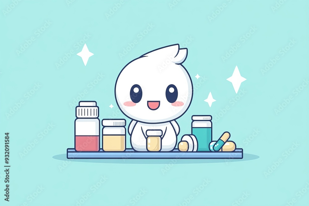 A cute white cartoon pill character with medical supplies on a desk symbolizing the efficiency and approachability of modern healthcare A cute white cartoon pill character with medical supplies on a desk symbolizing the efficiency and approachability of modern healthcare