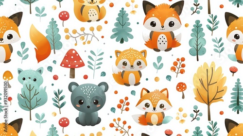 A seamless pattern of adorable cartoon bears and foxes playing among trees, with owls flying overhead, surrounded by berries and mushrooms, warm colors, detailed fur and feather textures, hd quality,