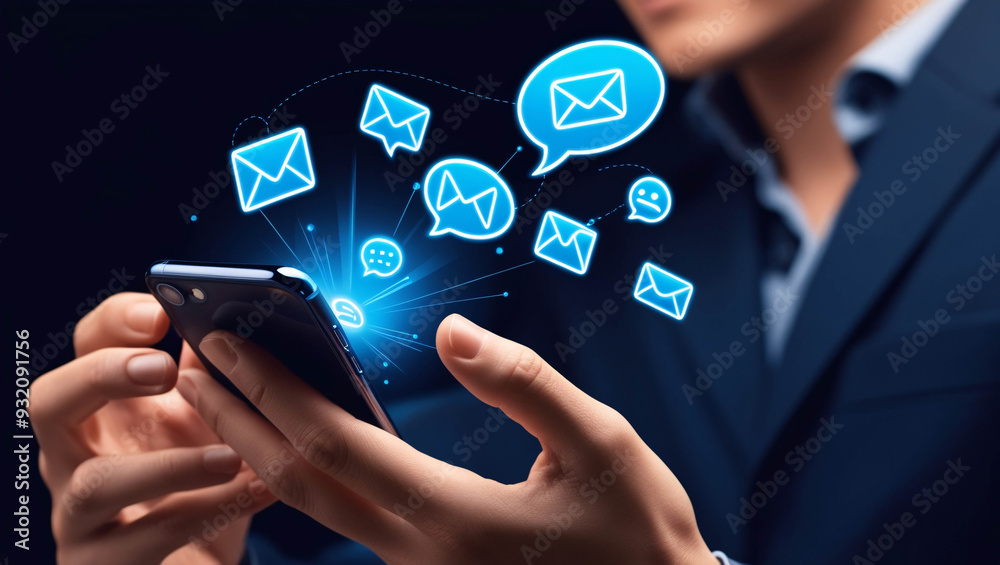 Businessman holding a smartphone with chalk drawn on the screen is receiving a new email alert icon Businessman holding a smartphone with chalk drawn on the screen is receiving a new email alert icon