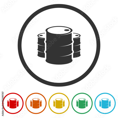 Oil drum container icon. Set icons in color circle buttons