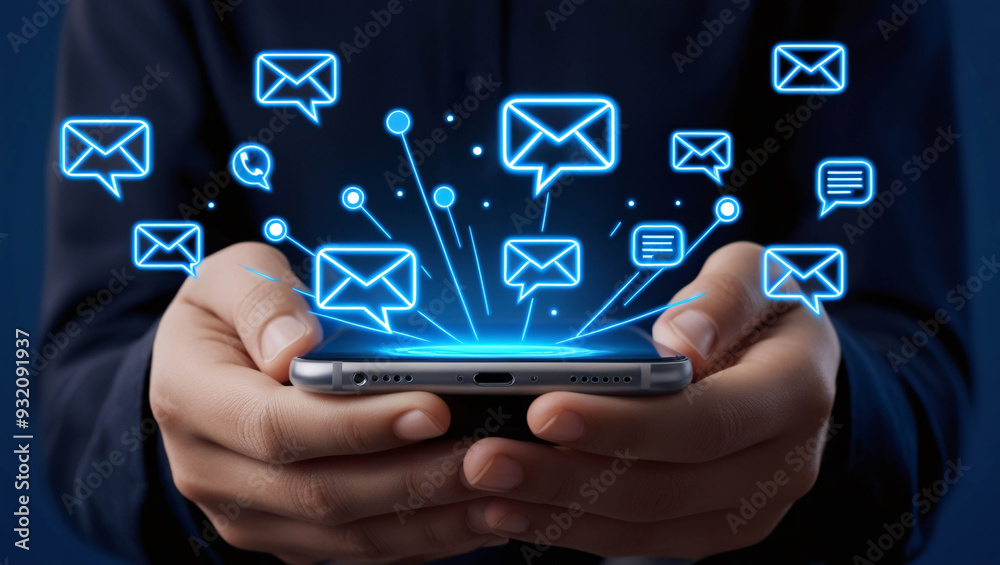 Businessman holding a smartphone with chalk drawn on the screen is receiving a new email alert icon Businessman holding a smartphone with chalk drawn on the screen is receiving a new email alert icon