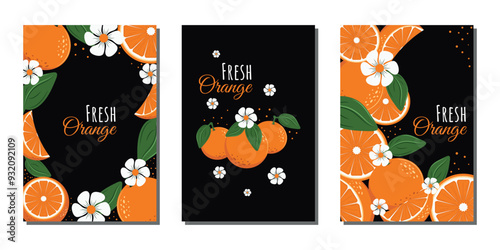 A set of bright postcards with citrus fruits. Orange, leaves, flowers. Vector design