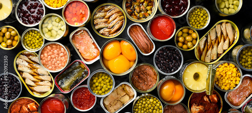 A large set of pickled and canned foods on the background. Metal cans with canned vegetables, beans, fish, seafood and fruit. Top view.