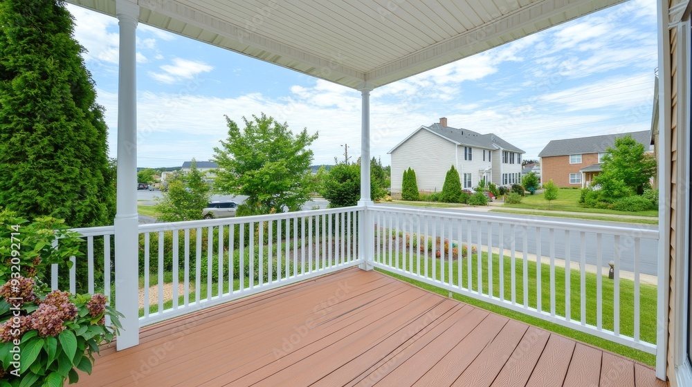 The beautifully designed front porch features wooden flooring and white railings, offering a perfect view of the street and greenery surrounding the home The beautifully designed front porch features wooden flooring and white railings, offering a perfect view of the street and greenery surrounding the home