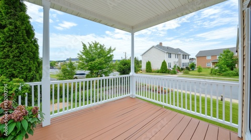 The beautifully designed front porch features wooden flooring and white railings, offering a perfect view of the street and greenery surrounding the home