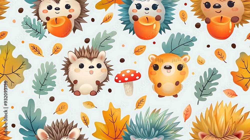 Naklejka premium A seamless pattern of adorable cartoon hedgehogs rolling around with red apples and spotted mushrooms, surrounded by autumn leaves, warm earthy tones, detailed fur and leaf textures, soft sunlight,