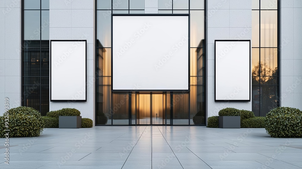 Modern office building entrance with large blank billboards, glass reflections, greenery accents, and sleek urban design Modern office building entrance with large blank billboards, glass reflections, greenery accents, and sleek urban design