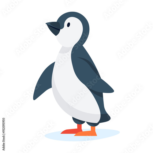 Adorable penguin standing on an ice patch, representing cold and wintery environment. The penguin has black and white feathers and is in a typical arctic wildlife setting.