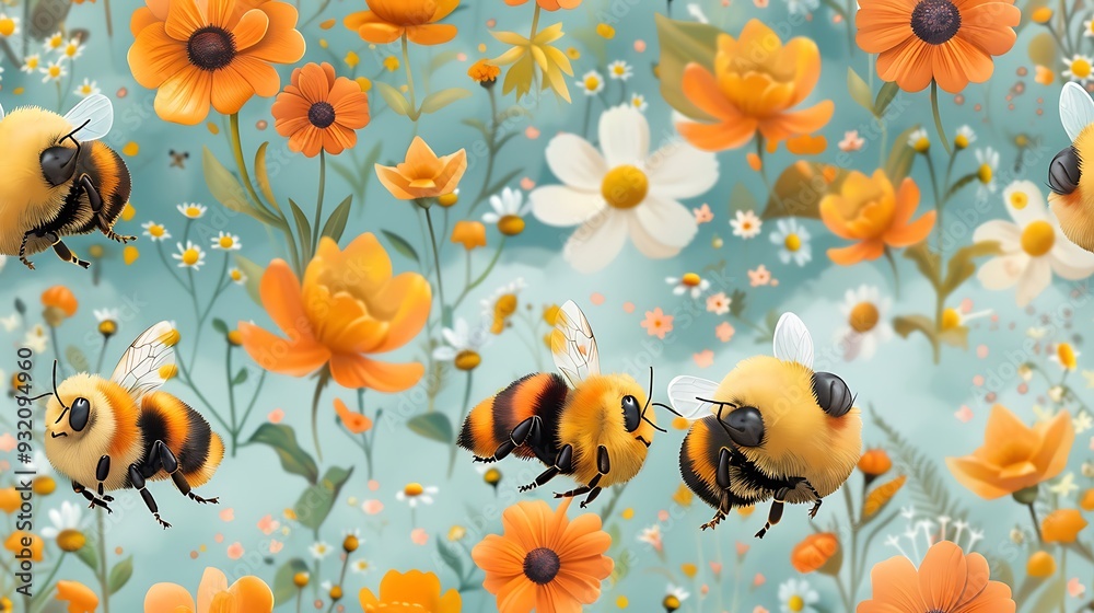 A seamless pattern of charming cartoon bees flying through a meadow of wildflowers, with honeycombs in the background, bright and vibrant colors, detailed wings and flower petals, soft glow, A seamless pattern of charming cartoon bees flying through a meadow of wildflowers, with honeycombs in the background, bright and vibrant colors, detailed wings and flower petals, soft glow,