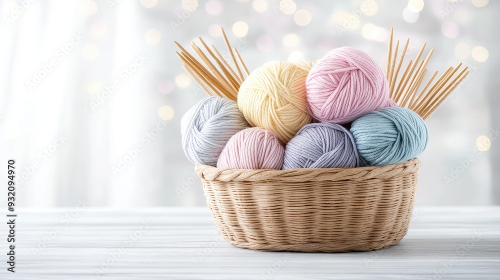 A basket brimming with pastel yarn and knitting needles rests on a table, illuminated by gentle bokeh lights from the blurred background A basket brimming with pastel yarn and knitting needles rests on a table, illuminated by gentle bokeh lights from the blurred background