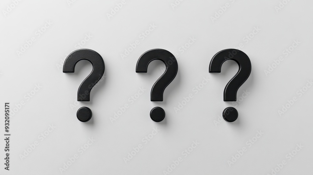 Three bold question marks lined up in front of a clean white wall, symbolizing curiosity, mystery, and unanswered questions in a minimalist scene. Three bold question marks lined up in front of a clean white wall, symbolizing curiosity, mystery, and unanswered questions in a minimalist scene.