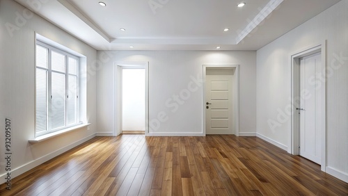 Empty white room with blank walls  polished wooden floor  and a single door  creating a sense of serenity and minimalist elegance in a modern interior.