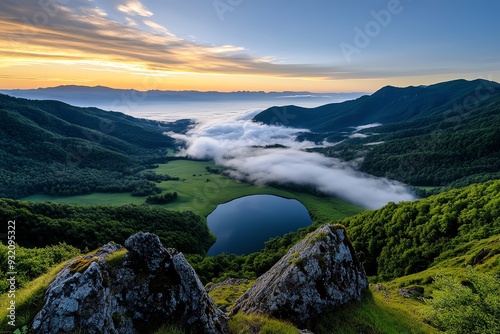  Scenic countryside with mist and sunrise, Monday morning, calm and refreshing photo