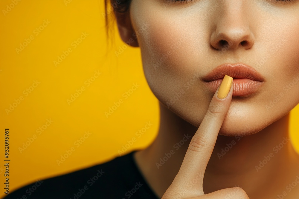 A close-up portrait of a woman with a finger on her lips. She promotes silence and mystery. The vibrant yellow background adds energy and attraction. Modern and eye-catching. AI A close-up portrait of a woman with a finger on her lips. She promotes silence and mystery. The vibrant yellow background adds energy and attraction. Modern and eye-catching. AI