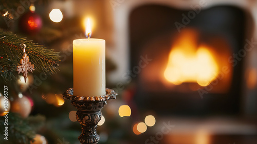 A candle on a candlestick near a Christmas tree in a room with a fireplace