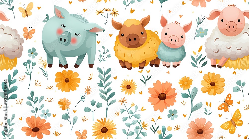 A seamless pattern of charming cartoon pigs and sheep playing in a barnyard, surrounded by haystacks, flowers, and butterflies, bright and warm colors, soft textures, hd quality, natural look. A seamless pattern of charming cartoon pigs and sheep playing in a barnyard, surrounded by haystacks, flowers, and butterflies, bright and warm colors, soft textures, hd quality, natural look.