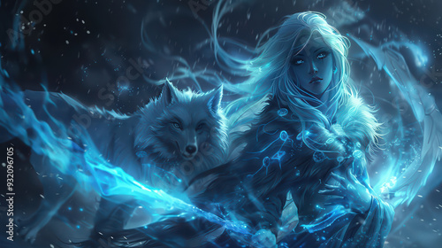 A Magical Snow Queen with white wolf in the snow strom fantacy  photo