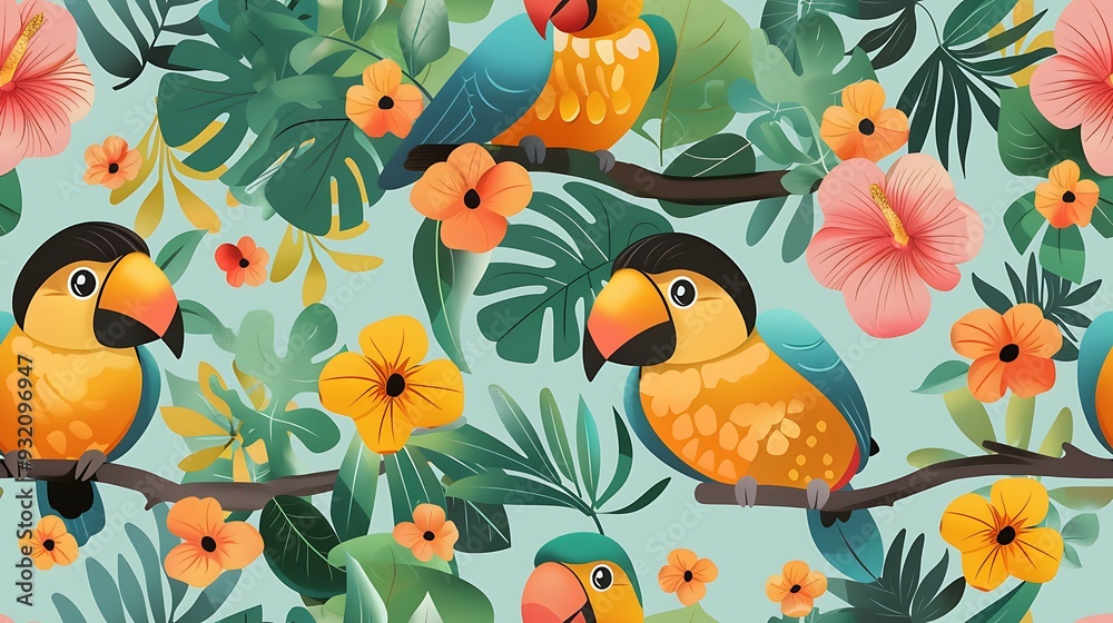 A seamless pattern of charming cartoon toucans and parrots perched on jungle branches, surrounded by vibrant tropical foliage and flowers, rich colors, detailed feather and leaf textures,