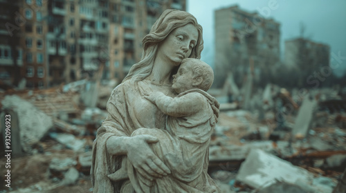 A poignant statue of a mother holding her child in a war-torn urban area, symbolizing resilience, loss, and the enduring bond between mother and child amidst destruction.