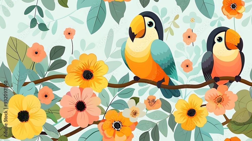 Fototapeta premium A seamless pattern of colorful cartoon toucans and parrots interacting on jungle branches, surrounded by exotic flowers and fruits, rich greens, and vibrant hues, soft shadows, hd quality,