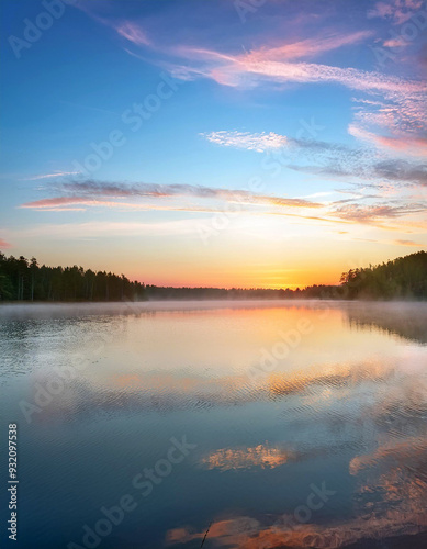 Tranquil Sunrise over a Misty Lake