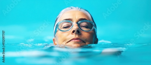 Serene Senior Woman Floating in Pool with Blue Goggles photo