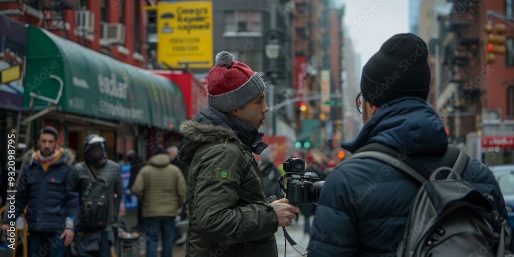 Two Men Talking on a Busy Street in New York Two Men Talking on a Busy Street in New York