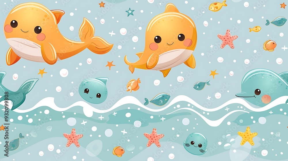A seamless pattern of cute cartoon dolphins, whales, and starfish playing in ocean waves, vibrant blues, playful splashes, smooth water textures, and sunlit highlights, hd quality, natural look. A seamless pattern of cute cartoon dolphins, whales, and starfish playing in ocean waves, vibrant blues, playful splashes, smooth water textures, and sunlit highlights, hd quality, natural look.