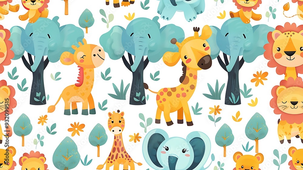 A seamless pattern of cute cartoon giraffes and elephants walking side by side in a sunny savannah, with lions resting under acacia trees, vibrant greens and yellows, dynamic poses, hd quality, A seamless pattern of cute cartoon giraffes and elephants walking side by side in a sunny savannah, with lions resting under acacia trees, vibrant greens and yellows, dynamic poses, hd quality,