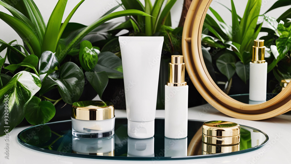Modern Skincare Products with Greenery and Reflective Glass Surface