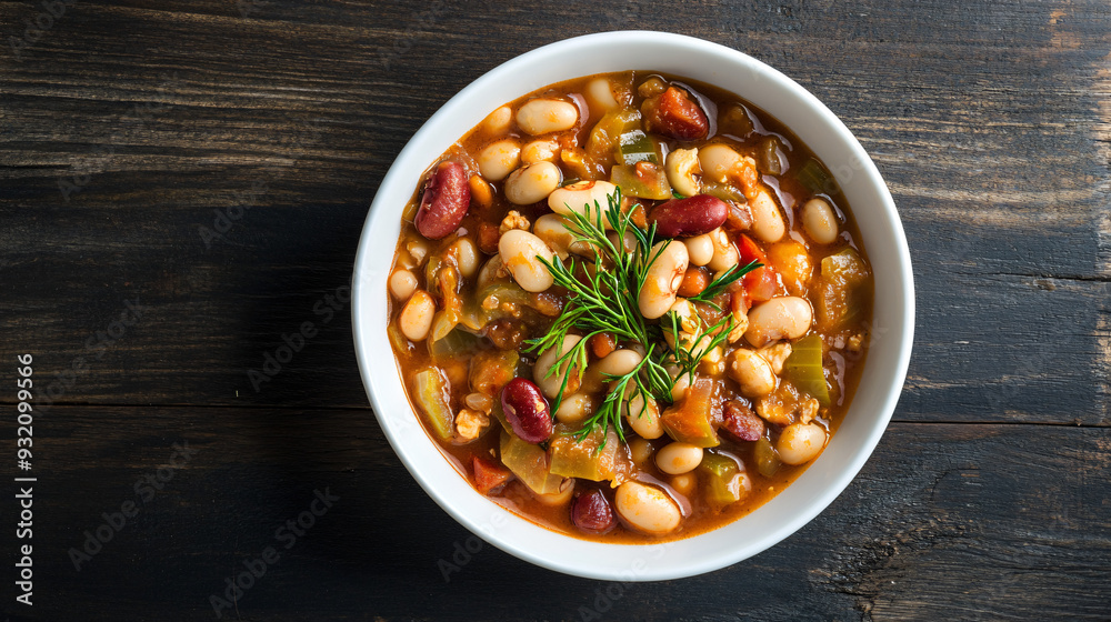 Savory white bean chili adorned with a dill sprig on a rustic wooden table Savory white bean chili adorned with a dill sprig on a rustic wooden table