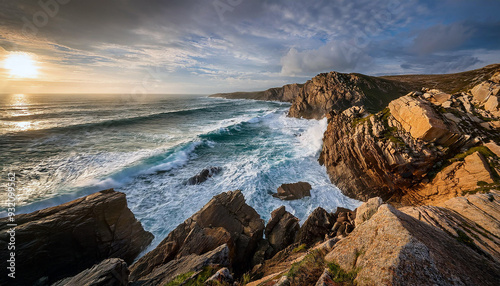 Dramatic Ocean Waves Crashing Against Rugged Cliffs at Sunset