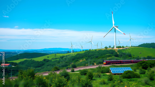 landscape with green landscape, blue sky, some wind turbine (with realistic three rotor blades) and train, solar panels, realistic photostyle photo