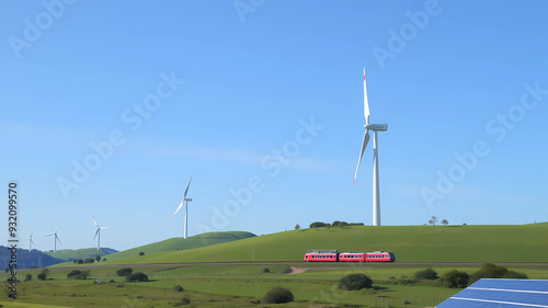 landscape with green landscape, blue sky, some wind turbine (with realistic three rotor blades) and train, solar panels, realistic photostyle photo