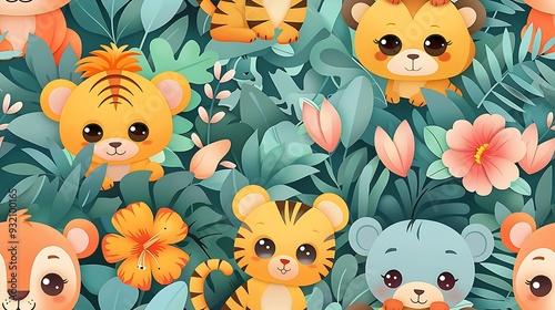 A seamless pattern of cute cartoon jungle animals like monkeys, parrots, and tigers, all gathered around a watering hole, with lush greenery and vibrant flowers, rich colors, soft lighting,