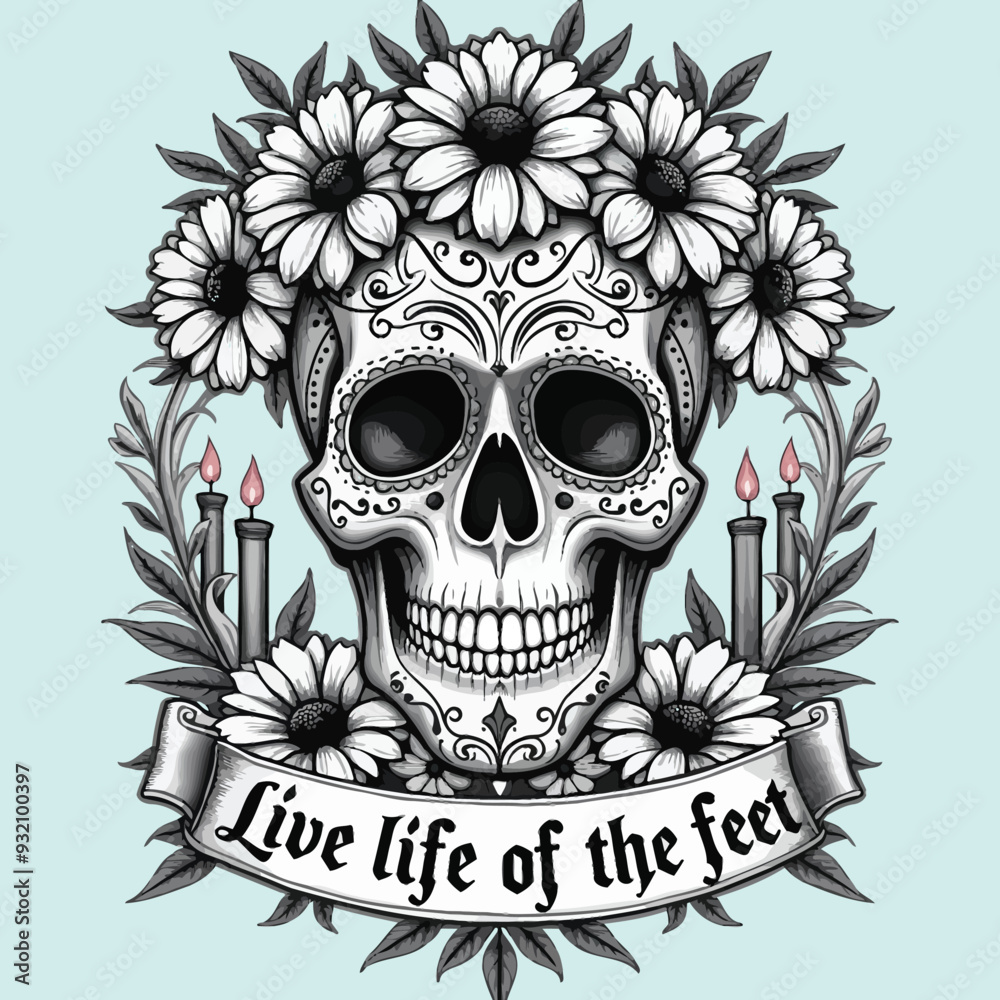 Black and White Sugar Skull with Marigolds Elegant Gothic T-Shirt Line Art Black and White Sugar Skull with Marigolds Elegant Gothic T-Shirt Line Art