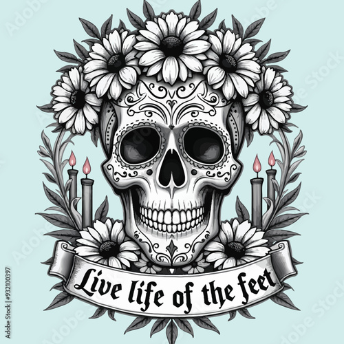 Black and White Sugar Skull with Marigolds Elegant Gothic T-Shirt Line Art