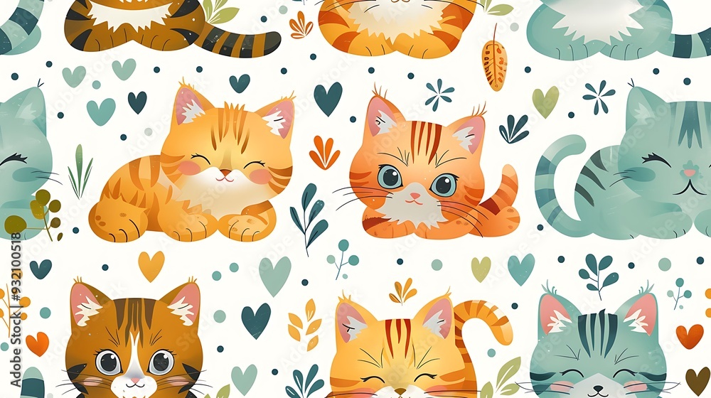 A seamless pattern of cute cartoon kittens rolling around with catnip toys, surrounded by fish shapes and hearts, bright colors, playful expressions, hd quality, natural look. --ar 16:9 --v 6. A seamless pattern of cute cartoon kittens rolling around with catnip toys, surrounded by fish shapes and hearts, bright colors, playful expressions, hd quality, natural look. --ar 16:9 --v 6.