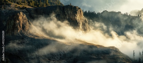 Misty Mountain Cliffs with Sunlight Filtering Through the Fog photo