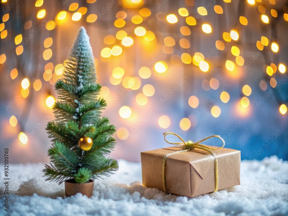 Festive Christmas tree and gift box wrapped in craft paper sit on snow-covered ground, surrounded by glowing lights and bokeh, perfect for holiday greetings and decor. Festive Christmas tree and gift box wrapped in craft paper sit on snow-covered ground, surrounded by glowing lights and bokeh, perfect for holiday greetings and decor.