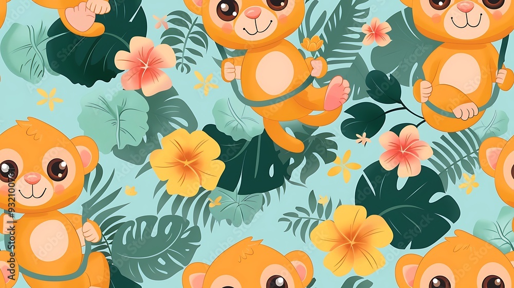 Fototapeta premium A seamless pattern of cute cartoon monkeys swinging from vines, surrounded by jungle leaves, bananas, and bright tropical flowers, vivid greens and yellows, dynamic poses, soft lighting, hd quality,