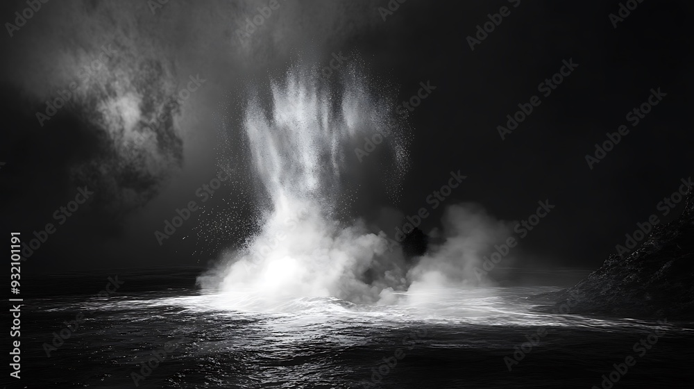Energetic Black and White 3D Render of a Majestic Geyser Eruption on Dark Background - High-Resolution Photography Energetic Black and White 3D Render of a Majestic Geyser Eruption on Dark Background - High-Resolution Photography